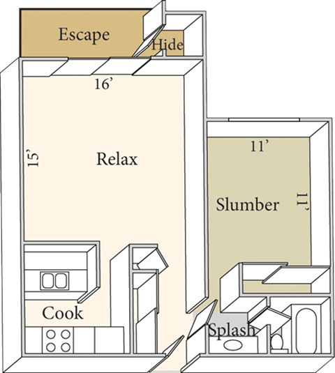 Floor plan for 1 bed, 1 bath, 625 sqft
